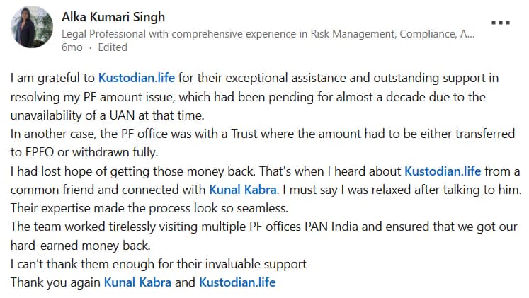 Alka Kumari Singh EPF review on LinkedIn