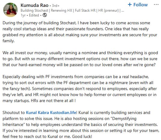 Kumuda Rao EPF review on LinkedIn