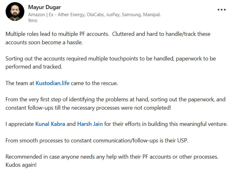 Mayur Dugar EPF review on LinkedIn